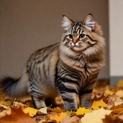 Tabby kitten on yellow autumn leaves
