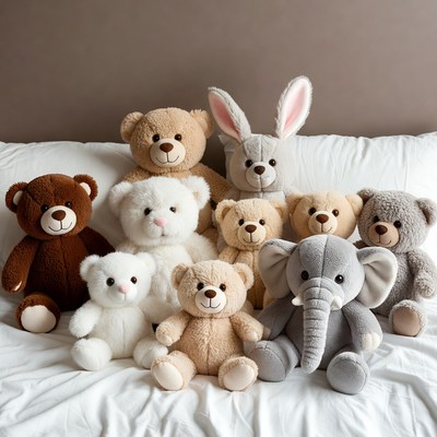 Assortment of plush teddy bears on bed
