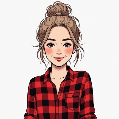 Woman with messy bun in plaid shirt