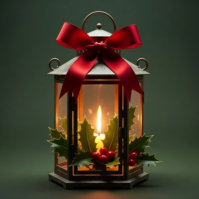 Christmas Lantern with Candle and Holly