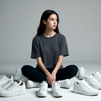Asian girl surrounded by white sneakers