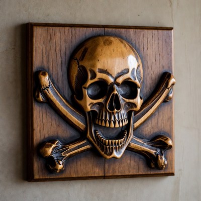 Wooden Carved Skull and Crossbones