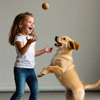 Girl playing with golden retriever puppy