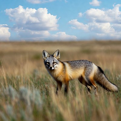 Gray Fox in Grass Field