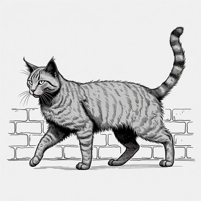 Tabby cat walking against brick wall