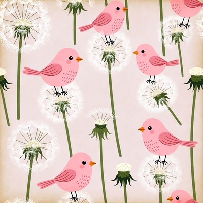 Pink birds on dandelions pattern