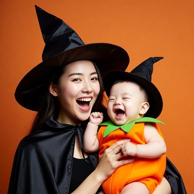 Mother and baby in Halloween costumes