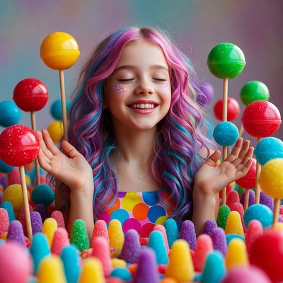 Girl with rainbow hair in candy lollipop field