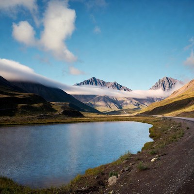 Mountain Lake with Clouds and Road