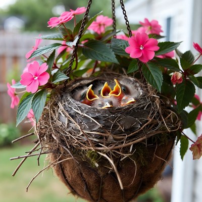 Bird nest with chicks in flower basket