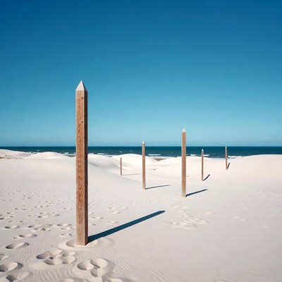 Wooden poles on sandy beach