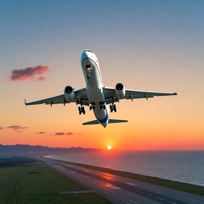 Airplane Taking Off at Sunset
