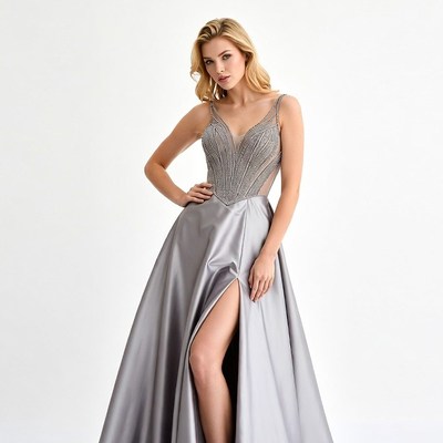 Blonde woman in silver slit gown