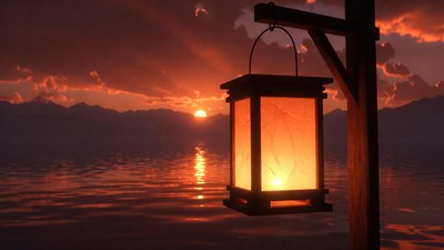 Lantern Hanging Over Sunset Lake