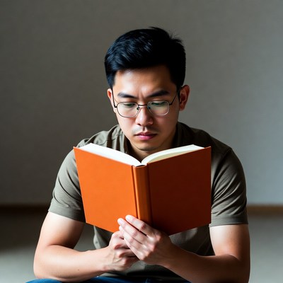 Asian man reading book