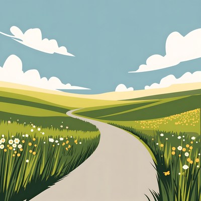 Winding road through green hills