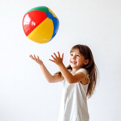 Girl catching colorful beach ball
