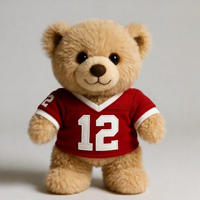 Teddy bear wearing red 12 jersey