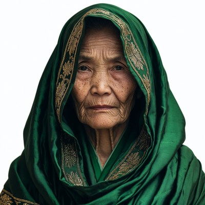 Elderly Asian woman in green embroidered hijab