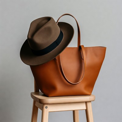 Brown Fedora Hat on Leather Tote Bag