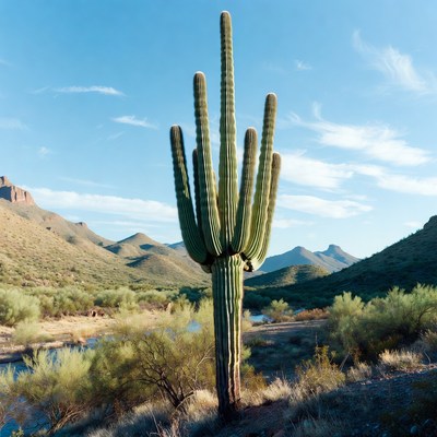 Tall Saguaro Cactus in Desert Landscape