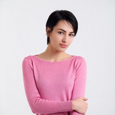 Woman in pink sweater on white background