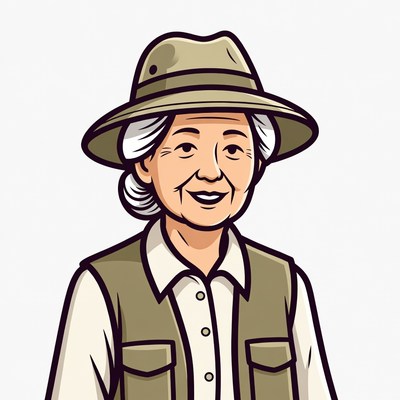Elderly Asian woman in safari hat