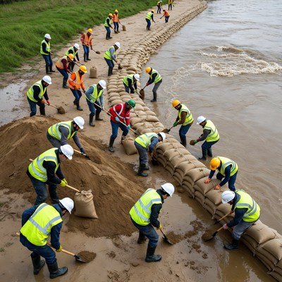 Workers building sandbag flood barrier