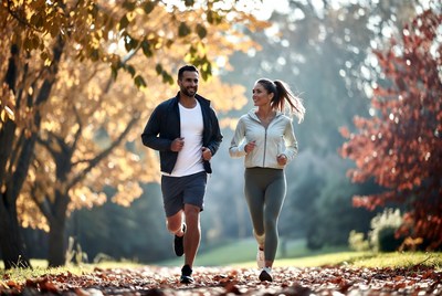Couple jogging in autumn park