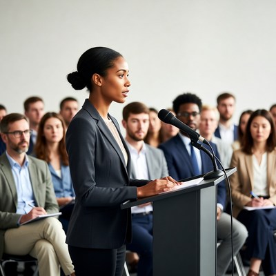 African-American woman speaking at podium