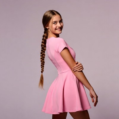 Teen girl in pink dress from behind