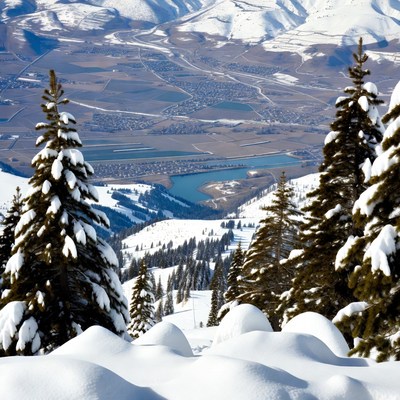 Snowy Mountains with Lake and Pine Trees