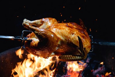 Roasted Chicken on Spit over Fire