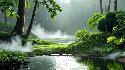 Rainy Forest with Misty Pond