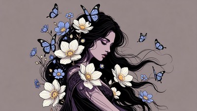 Woman with flowers and butterflies