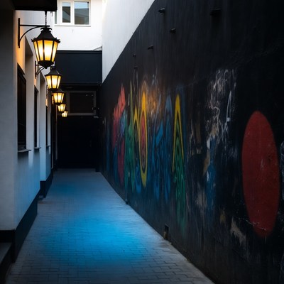 Graffiti alley with lanterns at night