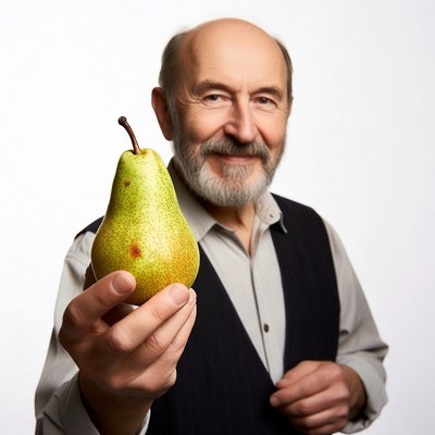 Elderly man holding green pear