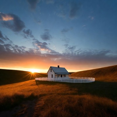 White house on hill at sunset