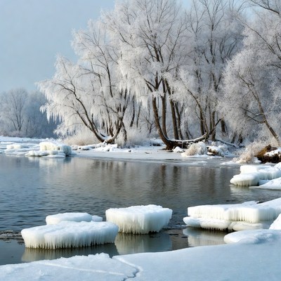 Snow-Covered Trees by Frozen River