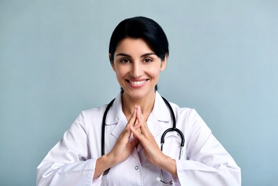 Female doctor with hands in prayer pose