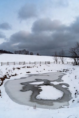Frozen Pond in Snowy Landscape