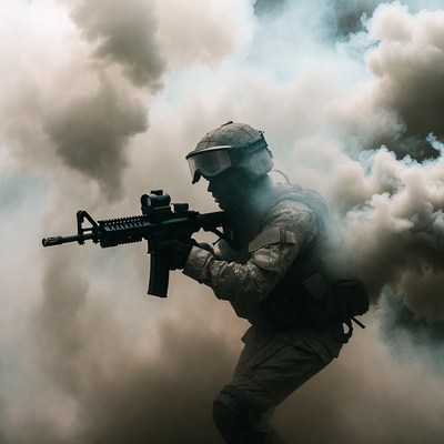 Soldier aiming rifle in smoke