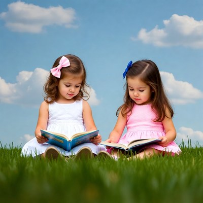 Twin girls reading books on grass