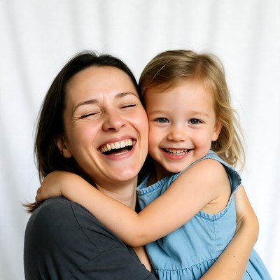 Mother hugging smiling daughter