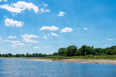 River Shore with Trees and Blue Sky