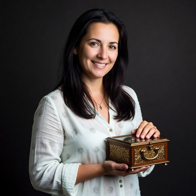 Woman holding ornate wooden box