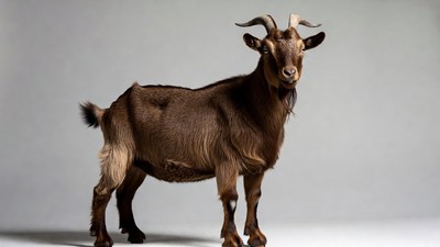 Brown goat standing on gray background