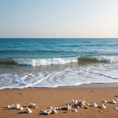 Seashells on sandy beach by ocean waves