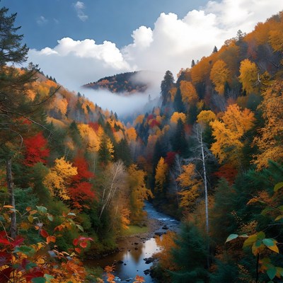 Autumn Forest Valley with River and Fog