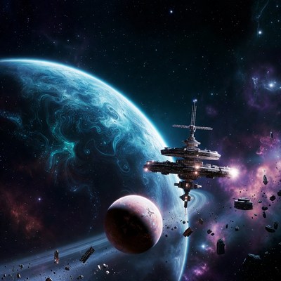 Futuristic Space Station Orbiting Blue Planet